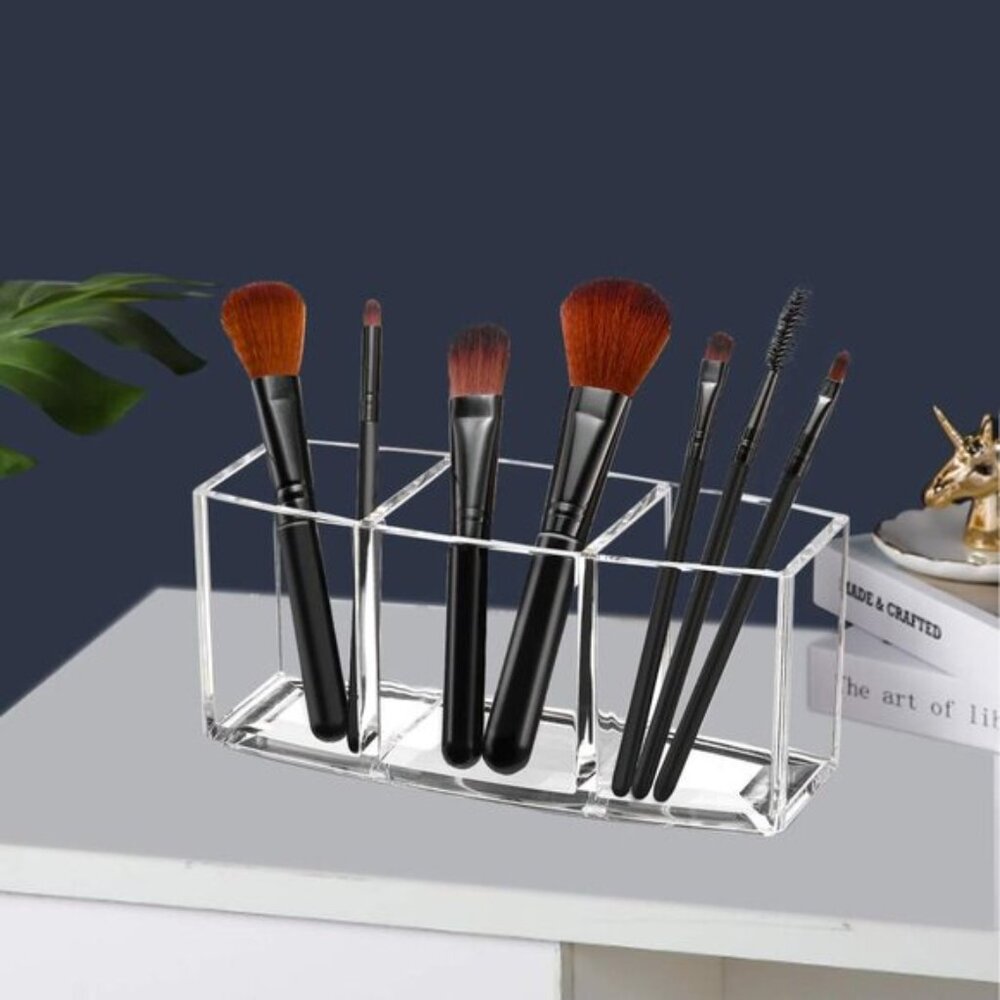 New Acrylic Makeup Brush Organizer, Clear 3-Slot Holder for Cosmetic Brushes - Picture 6 of 7